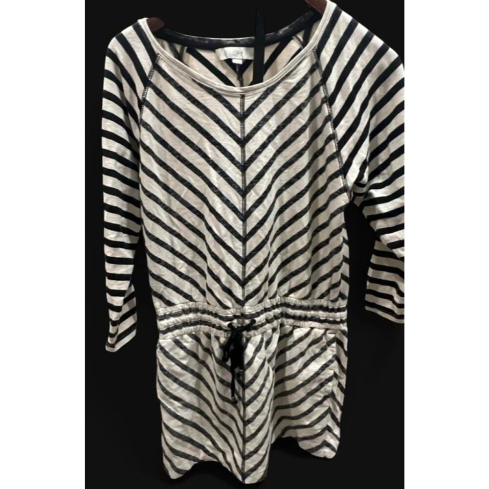 LOFT Women’s Black & White Striped Drawstring Waist Dress